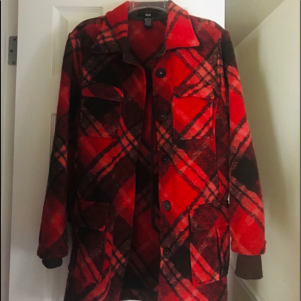 Kial XL Red + Brown Plaid Belted Button Down Coat